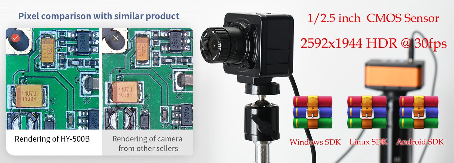 HY -500B USB相机  1/2.5"彩色CMOS图像传感器，5MP: 2592x1944 HDR @ 30fps  效果视频